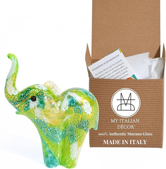 Handmade Murano Glass Elephant Figurine, Green Millefiori with 24K Gold Finish, 4" Tall, Elephant Statue Decor, Gold Elephant Statue, Home Décor Accents, Tiny Elephant Figurine, Made In Italy