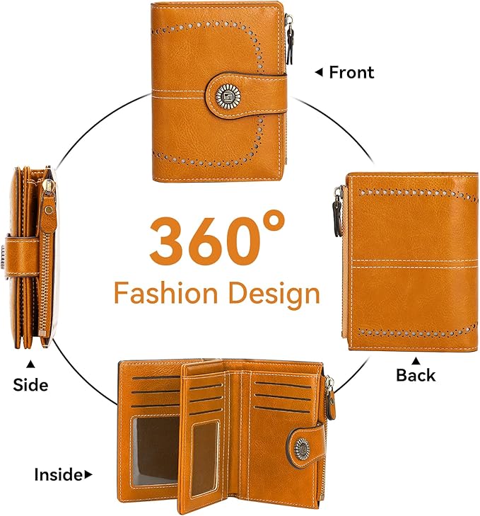 Women's Small Genuine Leather Bifold Wallet Large Capacity RFID Blocking with 16 Card Slots 2 ID Windows and Zipper Coin Pocket Pink (Yellow)