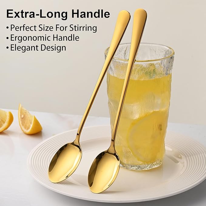 7.5 Inch Gold Iced Tea Spoons,Set Of 8 Stainless Steel Long Coffee Spoons,Long Handle Stirring Spoon For Dessert,Coctails,Ice Cream,Milk,Iced Teaspoons For Bar