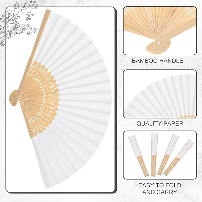 Yinkin 24 Pack Folding Fans Bamboo Handheld Folded Craft Hand Japanese Chinese Fans for Weddings Bridal Dancing Church DIY Decoration Women Gift Party Favors (White)