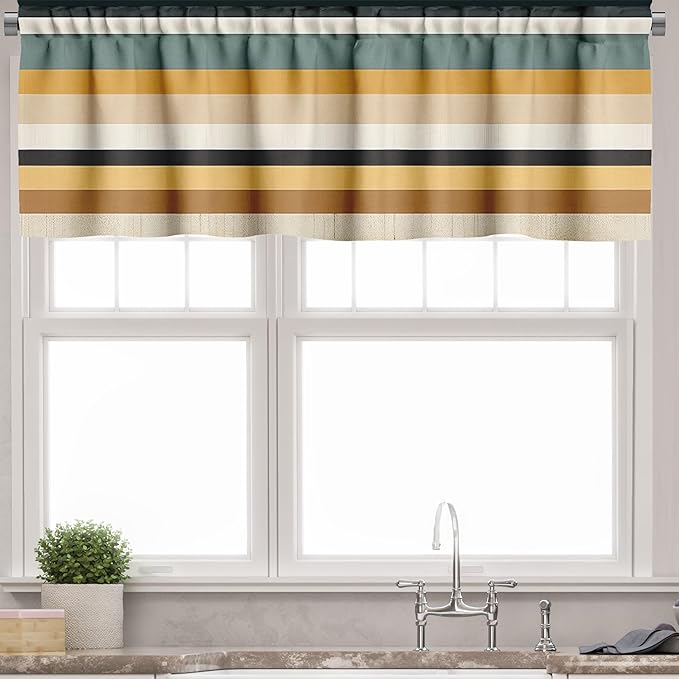 Ambesonne Farmhouse Valance & Tier Curtain 3 pcs Set, Dream Illustration of Sunflowers and Cow with Flying Bees Cottagecore, Window Treatments for Kitchen Room Decor, 55" x 45", Mustard Eggshell Cocoa