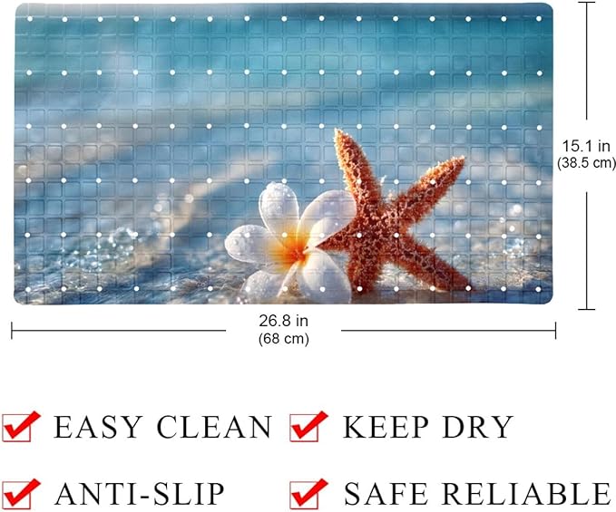 Non Slip Bath Mat for Tub, 15.1 x 26.8 Inch Bathtub Mat Machine Washable Shower Mat with Drain Holes and Suction Cups, Starfish and Flower on The Beach in Sea Water