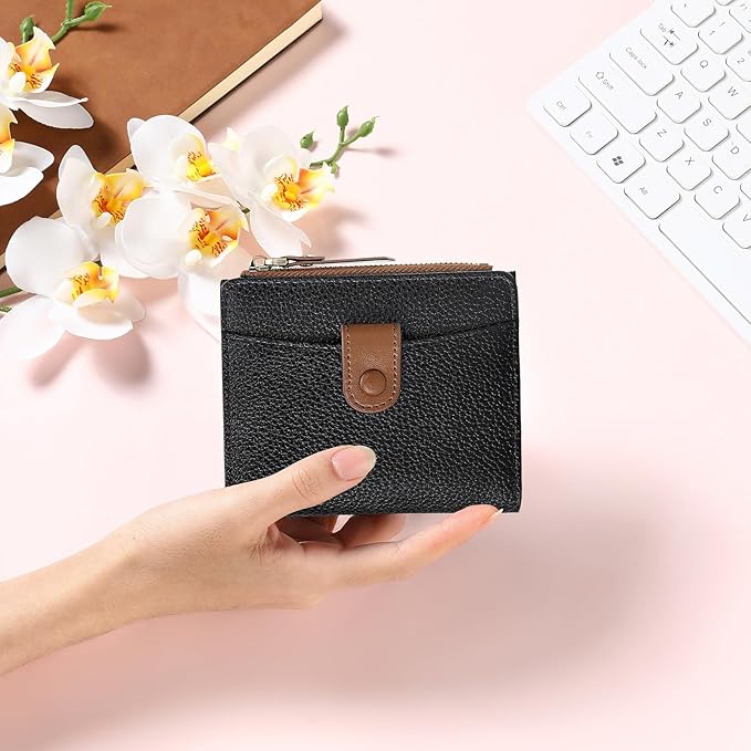 SENDEFN Small Wallet Women Leather RFID Blocking Bifold Zipper Pocket Card Holder with ID Window