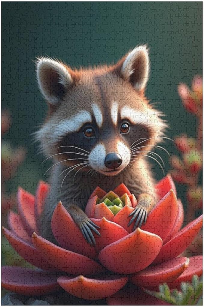 Puzzles for Adults 1000 Pieces Wooden Jigsaw Puzzle - Succulent & Cute Raccoon Theme Puzzle，Party Games，Family Toys，Educational Puzzles，Stress Relief Wooden Puzzle，Gifts for Family and Friends