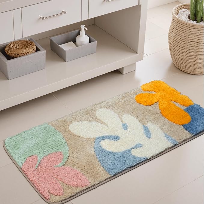 Uphome Bathroom Runner Rug Colorful Abstract Coral Long Bath Mat Non Slip Water Absorbent Boho Bath Rug Soft Microfiber Machine Washable Floor Mats for Tub Bathroom Indoor Doormat,18"x47"