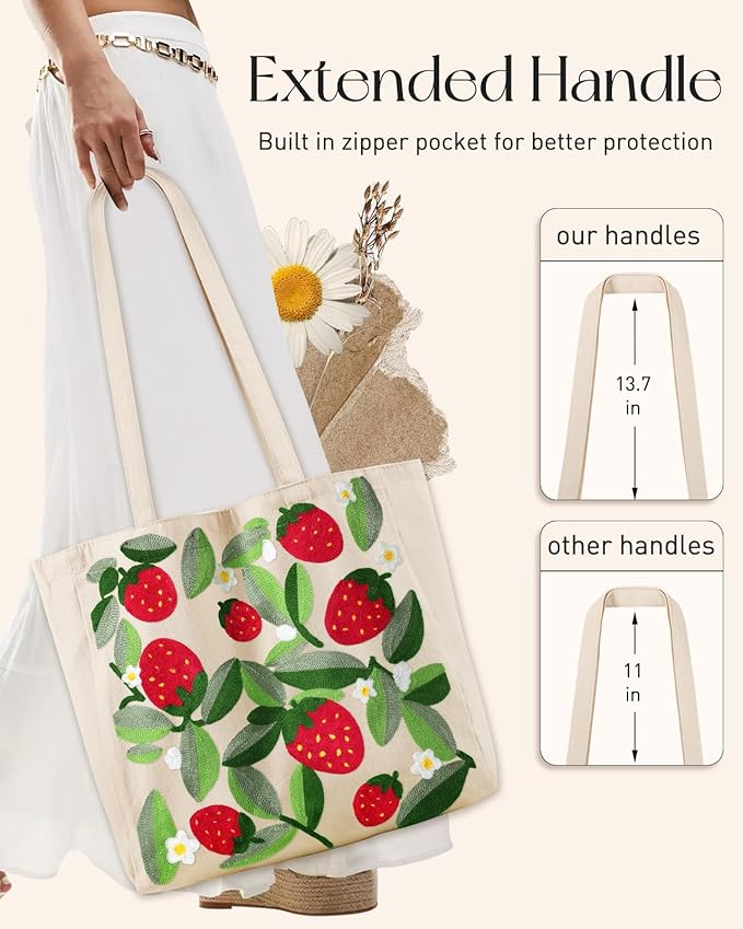 Miss Adola Aesthetic Embroidery Tote Bag for Women - Reusable Canvas Cute Shoulder Bag for Shopping, Grocery, Work, Book