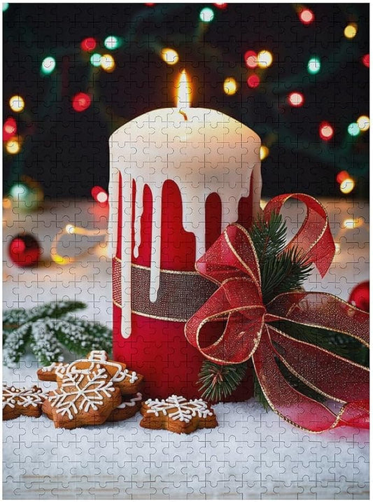 Merry Christmas, Christmas Candles Wooden Puzzle 500 Pieces Jigsaw Puzzles for Adults Puzzle Educational Toys Challenging Fun Games Gifts for Elders Kids Family and Friends