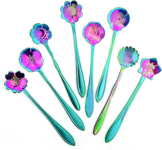 8 Pieces Rainbow Flower Spoon Coffee Teaspoon Set, Stainless Steel Reusable Cute Tea Spoon for Drink Mixing Milkshake Jam, 8 Different Patterns