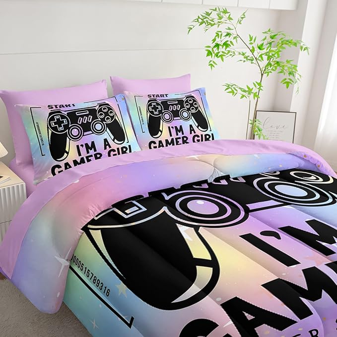 7Pcs Comforter Set Black Game Console Multi Color Printed Bedding Set with 1 Comforter,1 Flat Sheet,1 Fitted Sheet and 4 Pillowcases for Boys and Girls Bedroom All Season(Full)