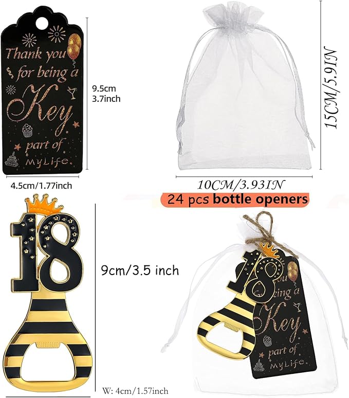 24pcs 18th Gold Keychain Bottle Opener 18th Birthday Party Favors, 18 Keychain Beer Bottle Opener Favors Anniversary Souvenirs Return Gifts for Guests Party Decor Supplies (black 18)