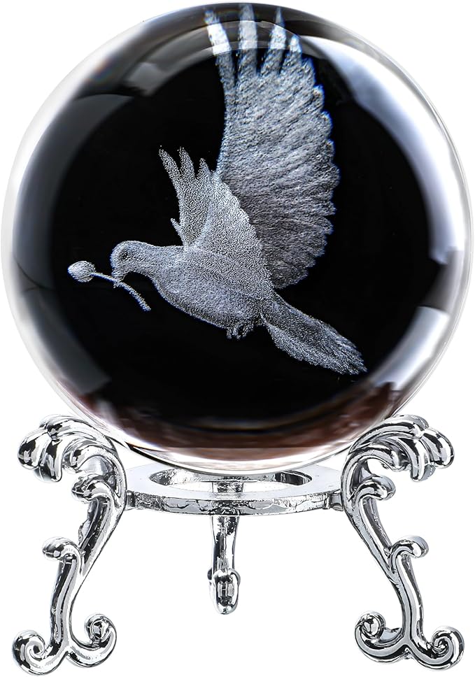 ZEERSHEE 60mm 3D Peace Dove Crystal Ball Figurine with Stand Glass Pigeon Ornament Decor for Home Table