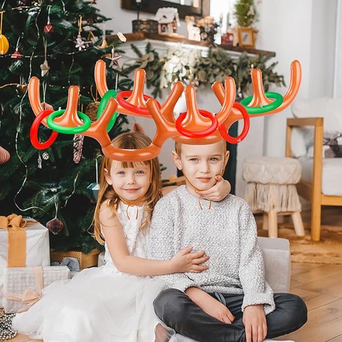 2 Set Inflatable Reindeer Antler Ring Toss Game for Christmas, with 2 Antlers and 8 Rings, Indoor Outdor Game Hats Family Christmas for Teens Adults, Fun Xmas Gifts