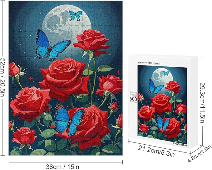 Jigsaw Puzzles for Adults 500 Piece - Butterfly Red Rose Garden Wooden Puzzles, Unique Gifts for Wall Art，Family Puzzles，Educational Games，Challenge Puzzles