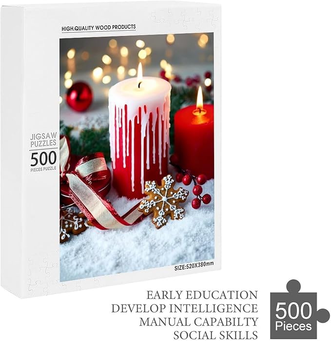 Jigsaw Puzzles for Adults 500 Piece - Merry Christmas，Christmas Candles Wooden Puzzle，Stress Relief Games，Funny Puzzle，Unique Gifts for Wall Art ，Family Puzzles，Educational Games，Challenge Puzzles