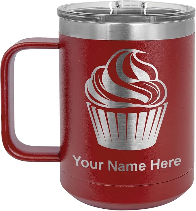 LaserGram 15oz Vacuum Insulated Coffee Mug, Cup Cake, Personalized Engraving Included (Maroon)