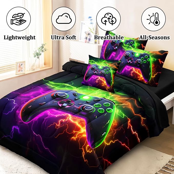 6 Pcs Full Size Bedding Set, Gaming Comforter Sets for Boys & Teens, Full Gamer Bedding Sets