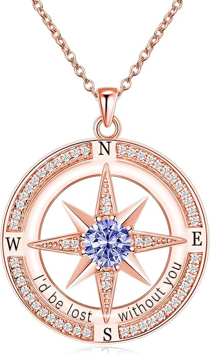 S925 Necklace Birthstone Compass Gift for Women Jewelry Sterling Silver Necklace for Wife Wedding Anniversary Girlfriend Birthday Gifts for Her Valentines Day Mom Mothers Day