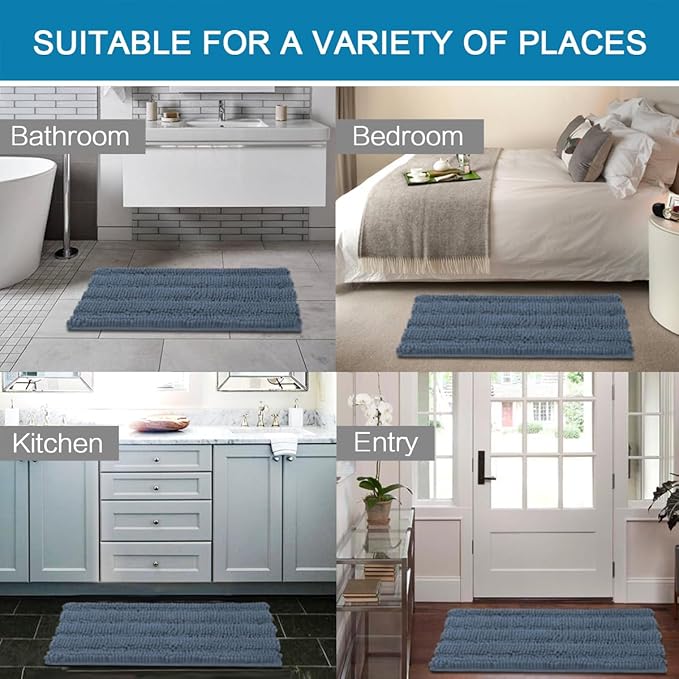 H.VERSAILTEX Bath Mats for Bathroom Non Slip Thick Chenille Striped Bath Rug Absorbent Fluffy Soft Shaggy Rugs Washable Dry Fast Plush Mats for Indoor, Bath Room, Tub - 17" x 24", Blue Indigo