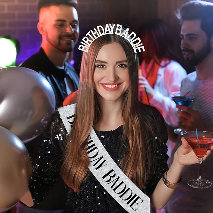 Aprince Birthday Baddie Sash and Tiara Crown for Women Girls Silver Happy Birthday Headband Accessiores Party Decorations