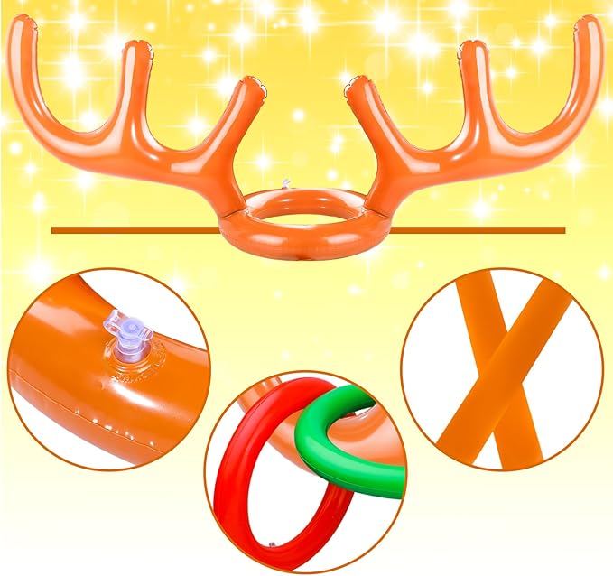 2 Set Inflatable Reindeer Antler Ring Toss Game for Christmas, with 2 Antlers and 8 Rings, Indoor Outdor Game Hats Family Christmas for Teens Adults, Fun Xmas Gifts