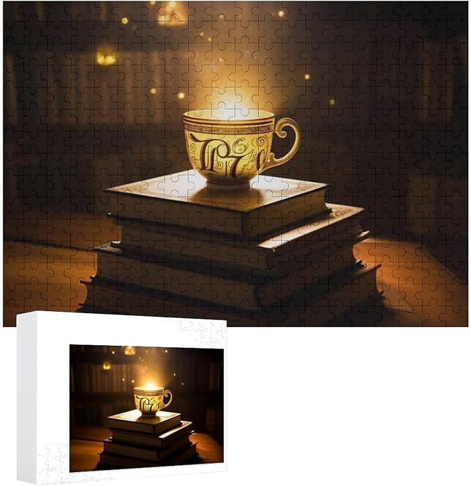 Wooden Puzzle - Hot Tea On A Book Rounded Corner Jigsaw Puzzles，Wooden Puzzles for Adults 300 Pieces Challenge Puzzles，Educational Games，Family Puzzles，Unique Gifts for Wall Art