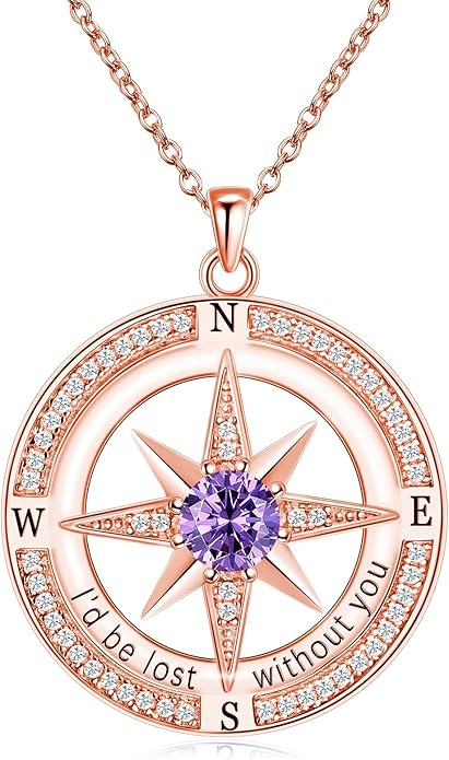 S925 Necklace Birthstone Compass Gift for Women Jewelry Sterling Silver Necklace for Wife Wedding Anniversary Girlfriend Birthday Gifts for Her Valentines Day Mom Mothers Day