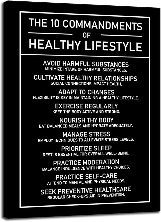 Inspirational Wall Art Exercise Healthy Growth Quote Motivational The 10 Commandments Of Healthy Lifestyle Canvas Poster Painting Prints for Office Living Room Home Decor Framed Artwork[30''W x 40''H]
