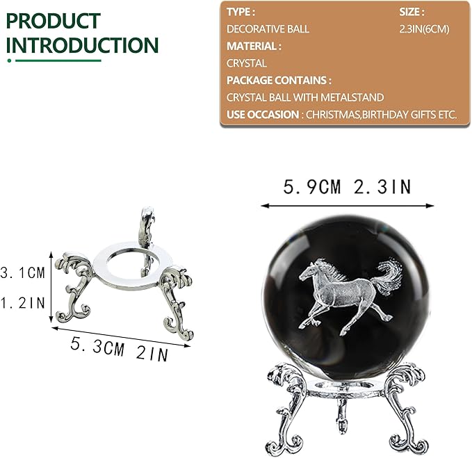 ZEERSHEE 60mm 3D Horse Crystal Ball Figurines with Stand Chinese Zodiac Glass Ball Feng Shui Sphere Home Table Decor