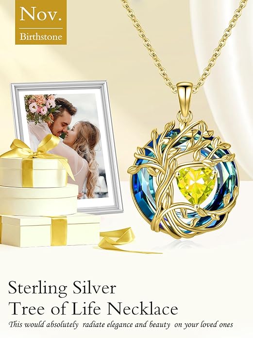 TOUPOP Tree of Life Birthstone Necklace 925 Sterling Silver Pendant Austrian Crystal Jewelry Anniversary Valentine's Day Birthday Gifts for Women Mom Her Wife