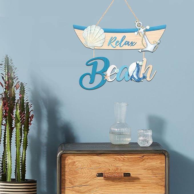 CHDITB Beach Theme Wooden Sign, Nautical Shell Anchor Summer Wooden Hanging Plaque, Relax Beach Front Door Sign Decor, Coastal Boat Beachy Wall Art Sign Hanger For Living Room, Bedroom, Office Coastal Room Decor