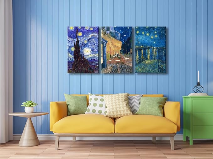 Wieco Art Large 3 Panels Canvas Prints of Vincent Van Gogh Paintings Reproduction Starry Night Over the Rhone Cafe Terrace at Night Canvas Wall Art for Living Room Home Office Decor