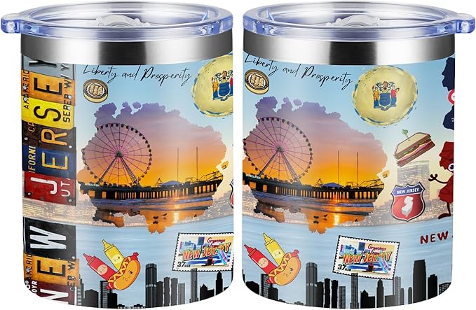 12oz Coffee Mug New Jersey State Insulated Coffee Cups, United States Map Travel Mug Landmark, Birthday Gifts Cute Mugs with Lid and Straw Gifts for Mom