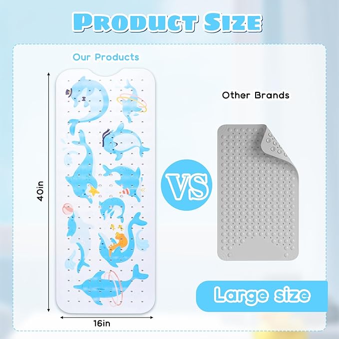 Baby Bath Mat for Tub Non Slip Kids Bathtub Mat Extra Long 40X16 Inch Toddler Bath Tub Shower Mat Anti Slip with Suction Cups & Drain Holes, Machine Washable (Dolphins)