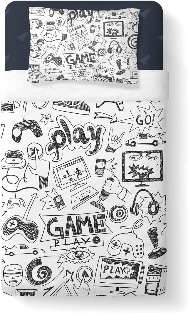 Gaming Comforter Sets for Boys Teen Queen Size,Kids Video Games Bedding Set Sketch Style Athletic Racing Game Design Bedroom Home Decor