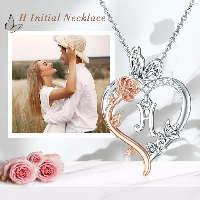 TOUPOP Rose Heart Necklaces Gifts for Women 925 Sterling Silver Butterfly Heart Initial Necklace Anniversary Valentines Day Birthday Jewelry Gifts for Mom Her Wife Girlfriend Daughter