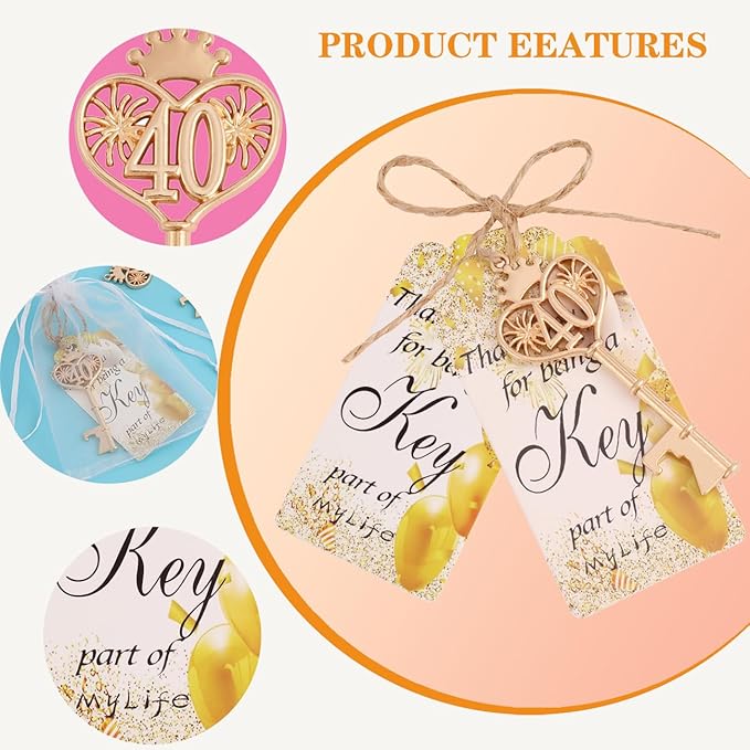 24 Sets 40 Birthday Party Favors Key Bottle Opener, 40th Beer Opener Keychain Favors for Guest with Organza Bags and Tags,Beer Keychain Bottle Openers for Birthday Party Decoration Supplies (Gold-40)