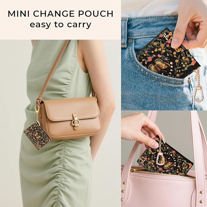 Butterfly Moon Keychain Coin Purse for Women, Mushroom Floral Vintage Small PU Leather Change Pouch, Zipper Little Tiny Travel Wallet for Girls, Cute Zip Pocket Coin Holder with Key Ring