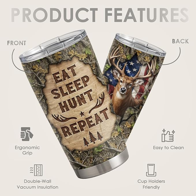 SANDJEST Hunting Tumbler 20oz, Stainless Steel Travel Cup with Lid, Eat Sleap Hunt Repeat Insulated Coffee Mug, Hunting Gifts for Men Friends Dad Grandfather on Birthday Christmas