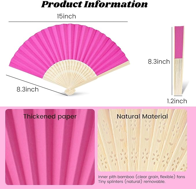 JOHOUSE 12 Pcs Paper Folding Hand Fans, 8.3 Inch Dark Pink Paper Fans Handheld Portable for Wedding, Outdoor Party Favors, Bridal Shower DIY Crafts Photography Prop Pink Party Decorations