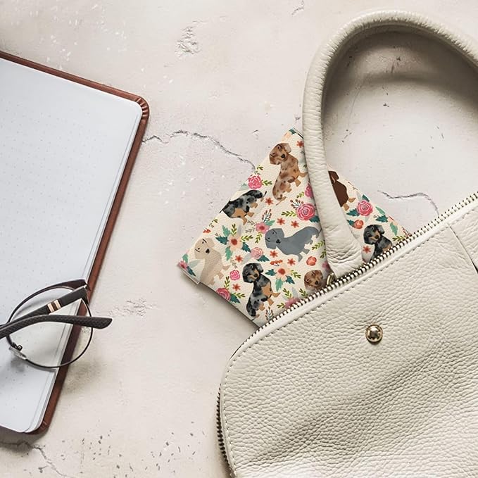 Coin Purse Dachshund Sausage Dogs Pink Flowers Print Leather Squeeze Coin Purse Mini Pouch Change Wallet Bag Gifts for Women Kids Girls Key Holder