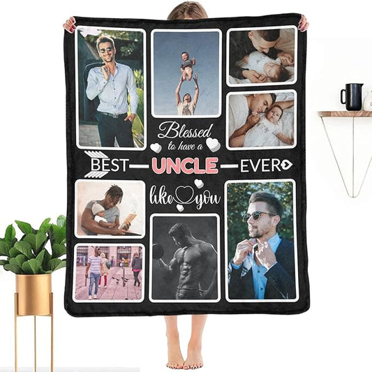 Custom Blanket Gifts for Uncle, Customized Blankets with Photos, Make a Personalized Bed Throws to My Uncle, Custom Souvenir Throw Blanket for Best Uncle Ever, 8 Collages Made in USA