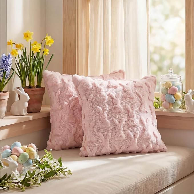 AVOIN colorlife Easter Rabbits Pink Throw Pillow Covers, 18 x 18 Inch Bunny Soft Plush Faux Fur Jacquard Cushion Case Decoration for Sofa Couch Set of 2