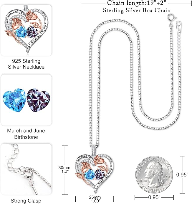 Iefil Valentines Day Gifts for Her - 925 Sterling Silver Rose Heart Birthstone Necklace Birthday Anniversary Jewelry Gifts for Her Wife Mom Daughter