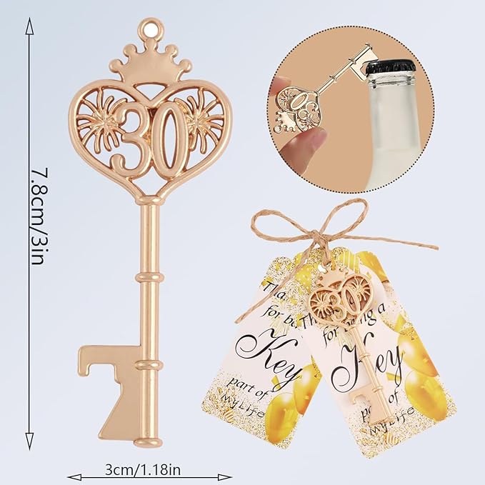 24pcs 30 Birthday Party Favors Key Bottle Opener, 30th Beer Opener Keychain Favors for Guests with Organza Bags and Tags,Beer Keychain Bottle Openers for Birthday Party Decoration Supplies (gold-30)