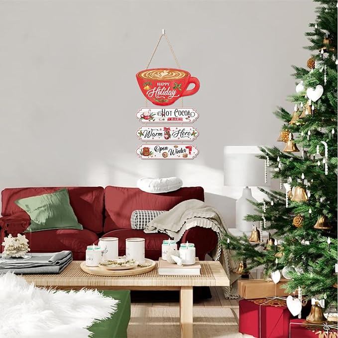 CHDITB Christmas Decor Hanging Wood Sign, Hot Cocoa Bar Wall Plaque, Christmas Theme Winter Art Wooden Signs Happy Holiday Party Hot Cocoa Porch Sign 4pcs Kitchen Cafe Coffee Bar Wall Art Xmas Decor