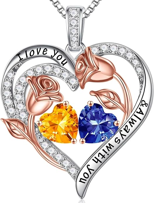 Iefil Valentines Day Gifts for Her - 925 Sterling Silver Rose Heart Birthstone Necklace Birthday Anniversary Jewelry Gifts for Her Wife Mom Daughter