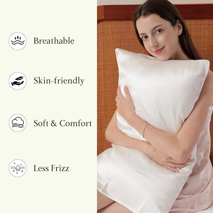 Mulberry Silk Pillowcase for Hair and Skin, Luxury Double Sided Pure Silk Pillowcase, 29x19 Inches, 1Pc (White)