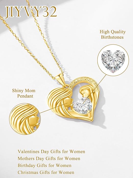 Mother and Daughter/Son Love Heart Necklace White Gold/14K Gold/Rose Gold Birthstone Jewelry Christmas Mothers Day Birthday Gifts For Mom Wife Grandma Women