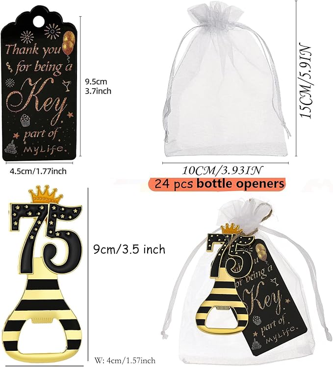24pcs 75th Gold Keychain Bottle Opener 75th Birthday Party Favors, 75 Keychain Beer Bottle Opener Favors Anniversary Souvenirs Return Gifts for Guests Party Decor Supplies (black 75)