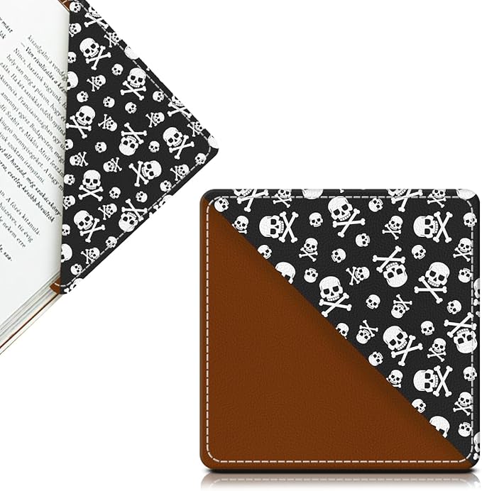 Cute Leather Bookmarks, Fun Triangle Making Corner Bookmark, Book Accessories for Reading Book Lovers, Unbreakable Page Markers for Women Men Cool Skull Pattern